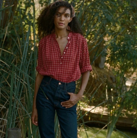 Doen Holde rouge red cottage plaid long sleeve button front shirt top - Picture 2 of 14